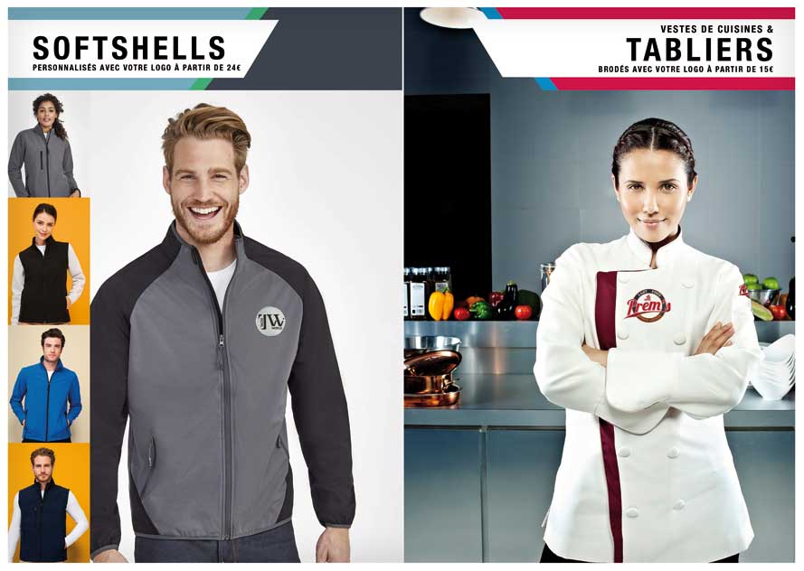 Veste softshell personnalisée avec logo sur homme, veste de cuisine brodée sur femme en cuisine.