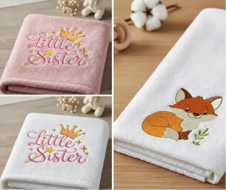 linge de bain brodé posé sur bois clair avec lumière dorée et ambiance chaleureuse