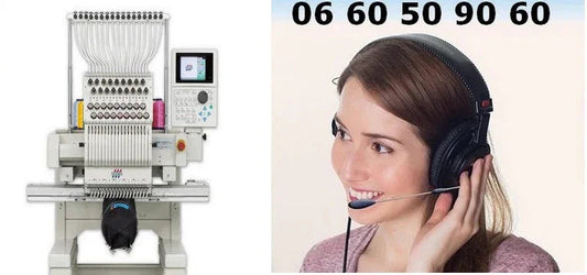 Machine à broder professionnelle et femme au casque avec micro, support client broderie personnalisée.