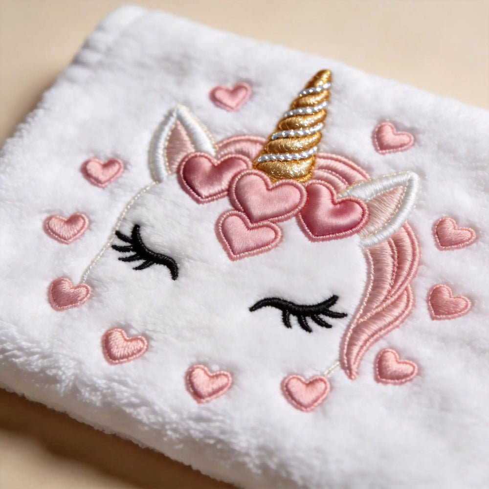 Couverture bébé blanche en coton bio avec broderie motif licorne enchantée personnalisée et prénom, artisanat Lyon