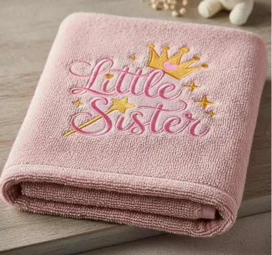 Serviette de toilette Coton Bio motif brodé « LITTLE SISTER » - LA BRODEUSE®