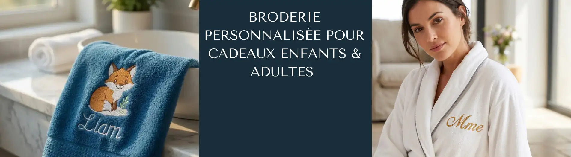 Broderie personnalisée Lyon — serviette bébé motif renard et peignoir brodé adulte — La Brodeuse® Villeurbanne