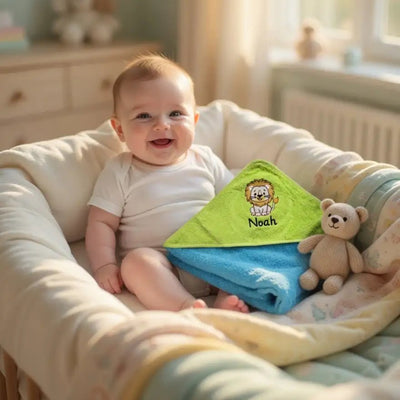 Cape de Bain Bébé Brodée au Prénom — Motif Lion - LA BRODEUSE®