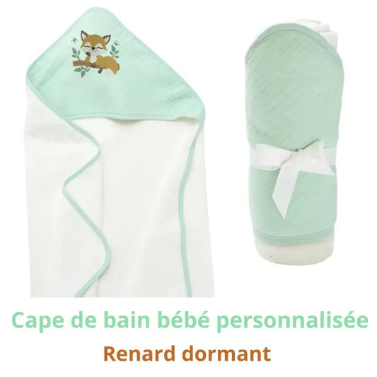 Cape de Bain Bébé Verte Brodée "LE RENARD DORMANT" - LA BRODEUSE®