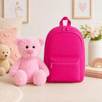 Coffret Duo Fille : Sac à Dos Fuchsia & Tummi Bear Rose Brodés au Prénom - LA BRODEUSE®
