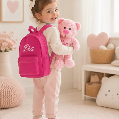 Coffret Duo Fille : Sac à Dos Fuchsia & Tummi Bear Rose Brodés au Prénom - LA BRODEUSE®