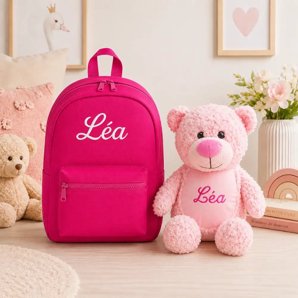 Coffret Duo Fille : Sac à Dos Fuchsia & Tummi Bear Rose Brodés au Prénom - LA BRODEUSE®