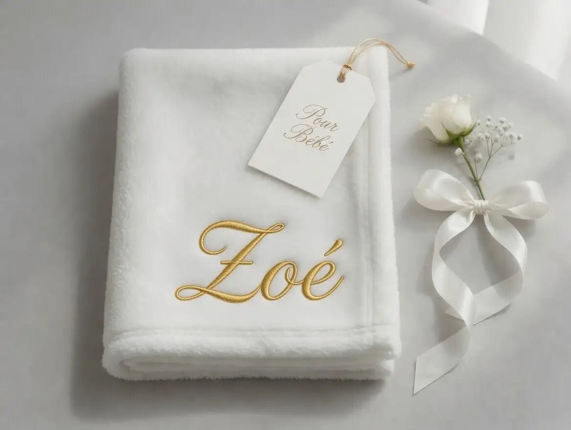 Couverture Bébé Blanche Brodée au Prénom — Fil Doré - LA BRODEUSE®