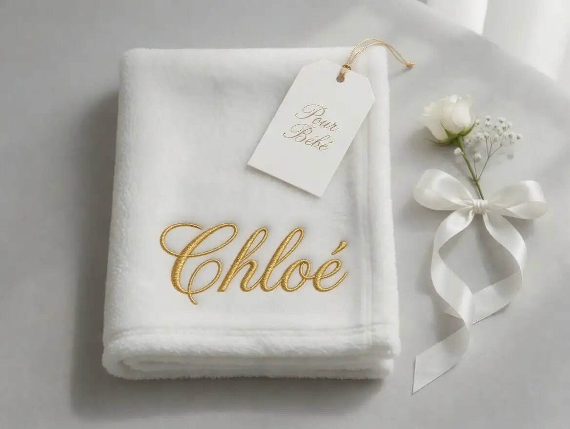 Couverture Bébé Blanche Brodée au Prénom — Fil Doré - LA BRODEUSE®