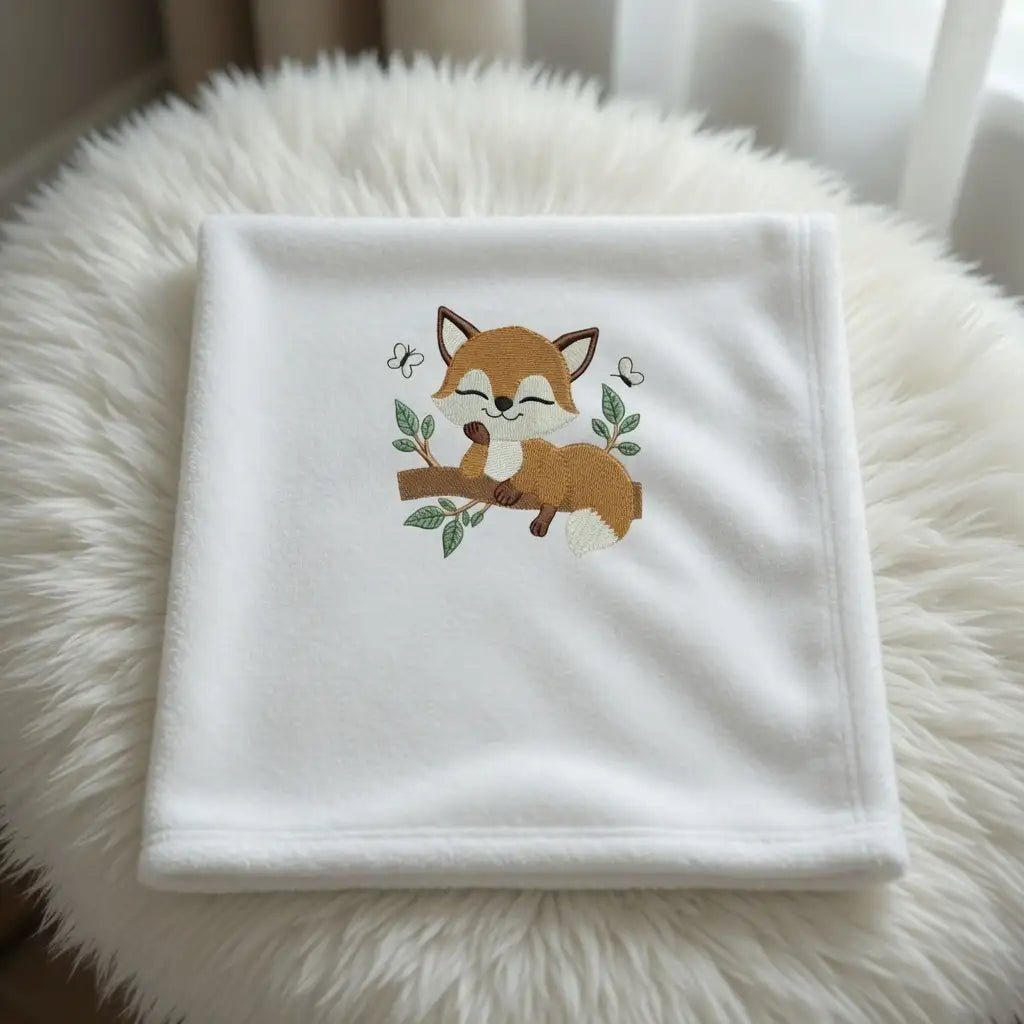 Couverture Bébé Blanche Brodée Petit Renard Dormant - LA BRODEUSE®