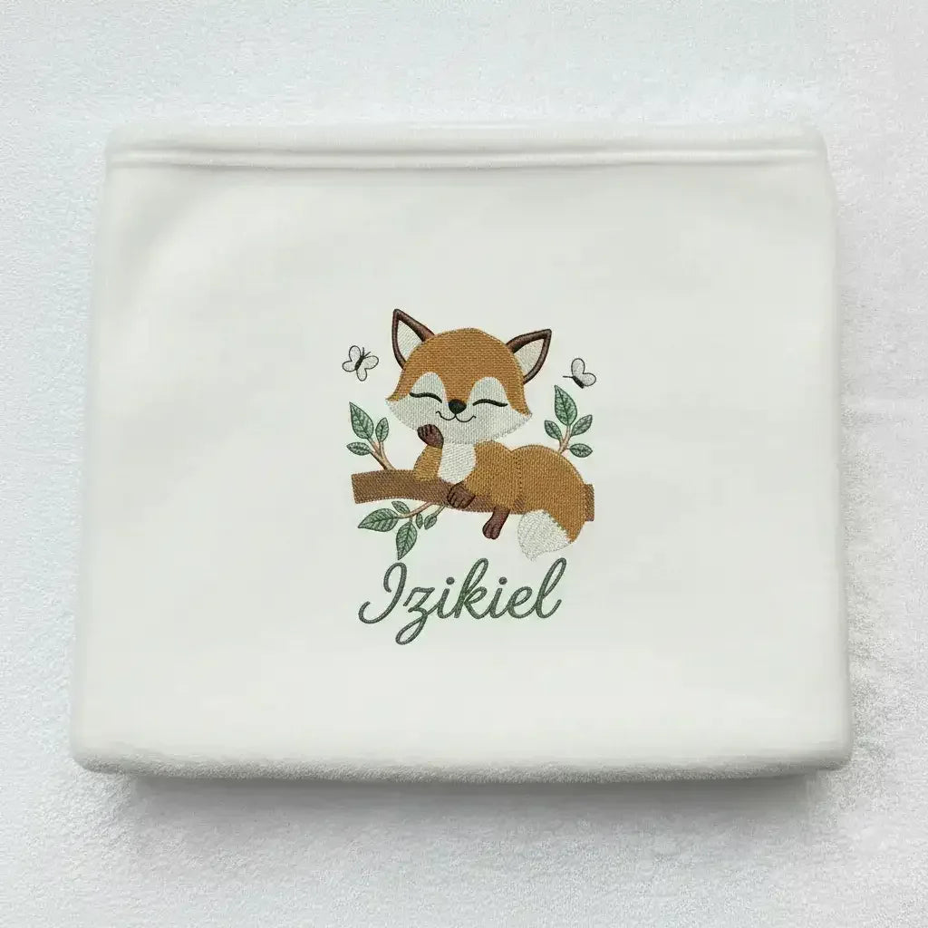Couverture Bébé Flanelle Blanche - Petit Renard Dormant & Prénom Brodé Personnalisé - LA BRODEUSE®