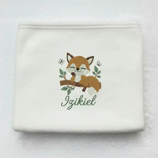 Couverture Bébé Flanelle Blanche - Petit Renard Dormant & Prénom Brodé Personnalisé - LA BRODEUSE®
