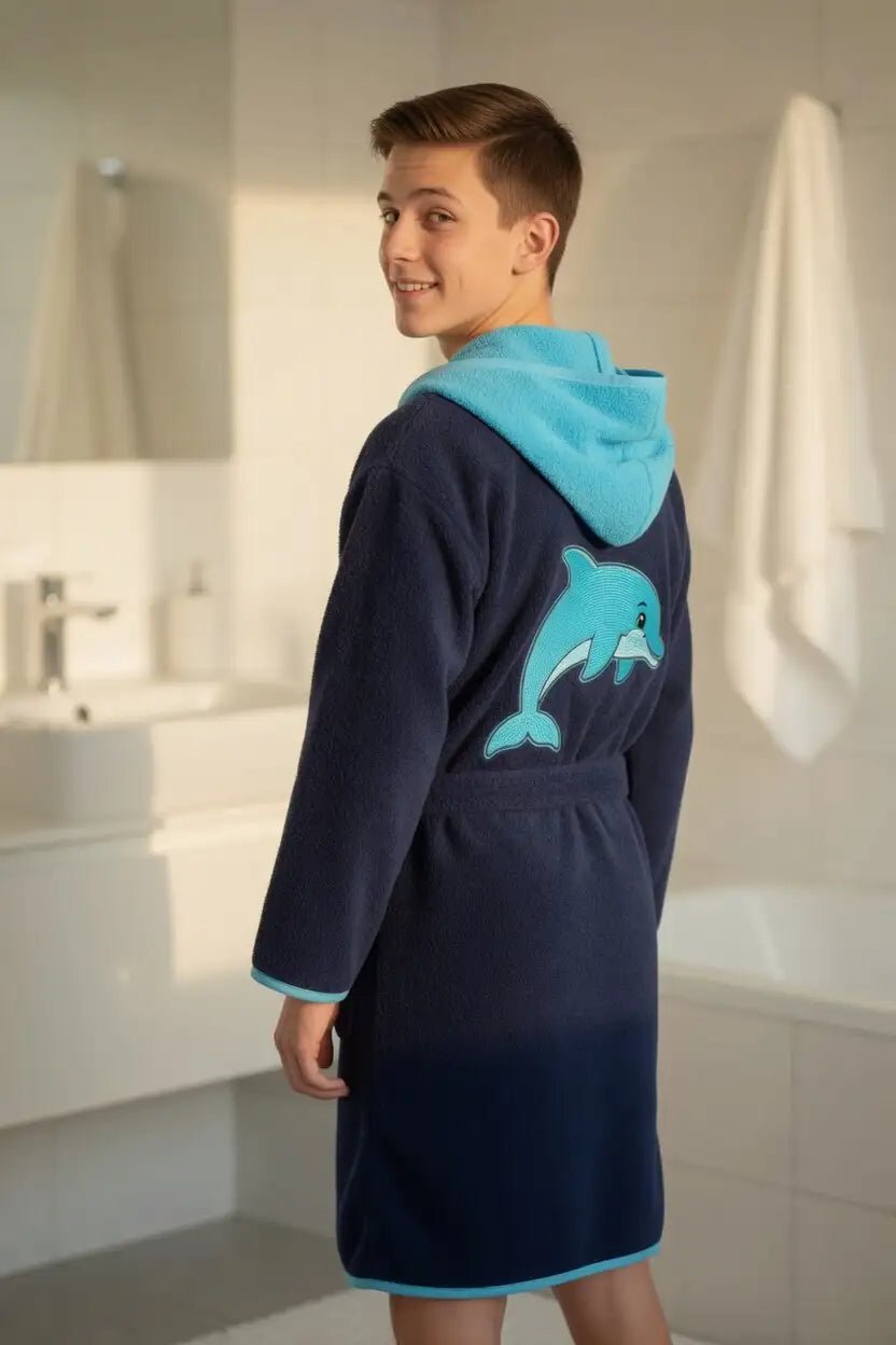 Peignoir Enfant à Capuche Dauphin Brodé – Prénom Personnalisé - LA BRODEUSE®