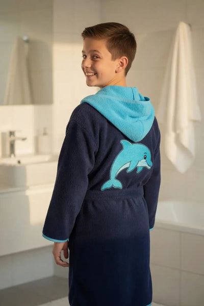 Peignoir Enfant à Capuche Dauphin Brodé – Prénom Personnalisé - LA BRODEUSE®