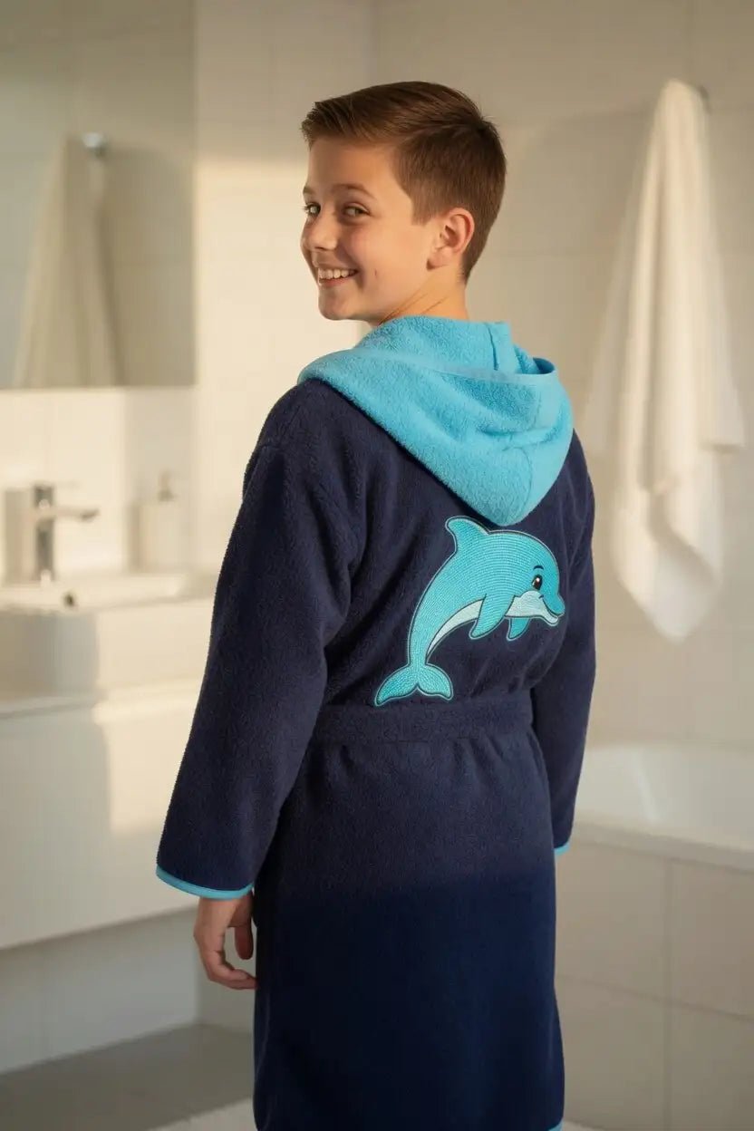 Peignoir Enfant à Capuche Dauphin Brodé – Prénom Personnalisé - LA BRODEUSE®
