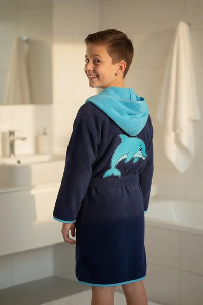 Peignoir Enfant à Capuche Dauphin Brodé – Prénom Personnalisé - LA BRODEUSE®