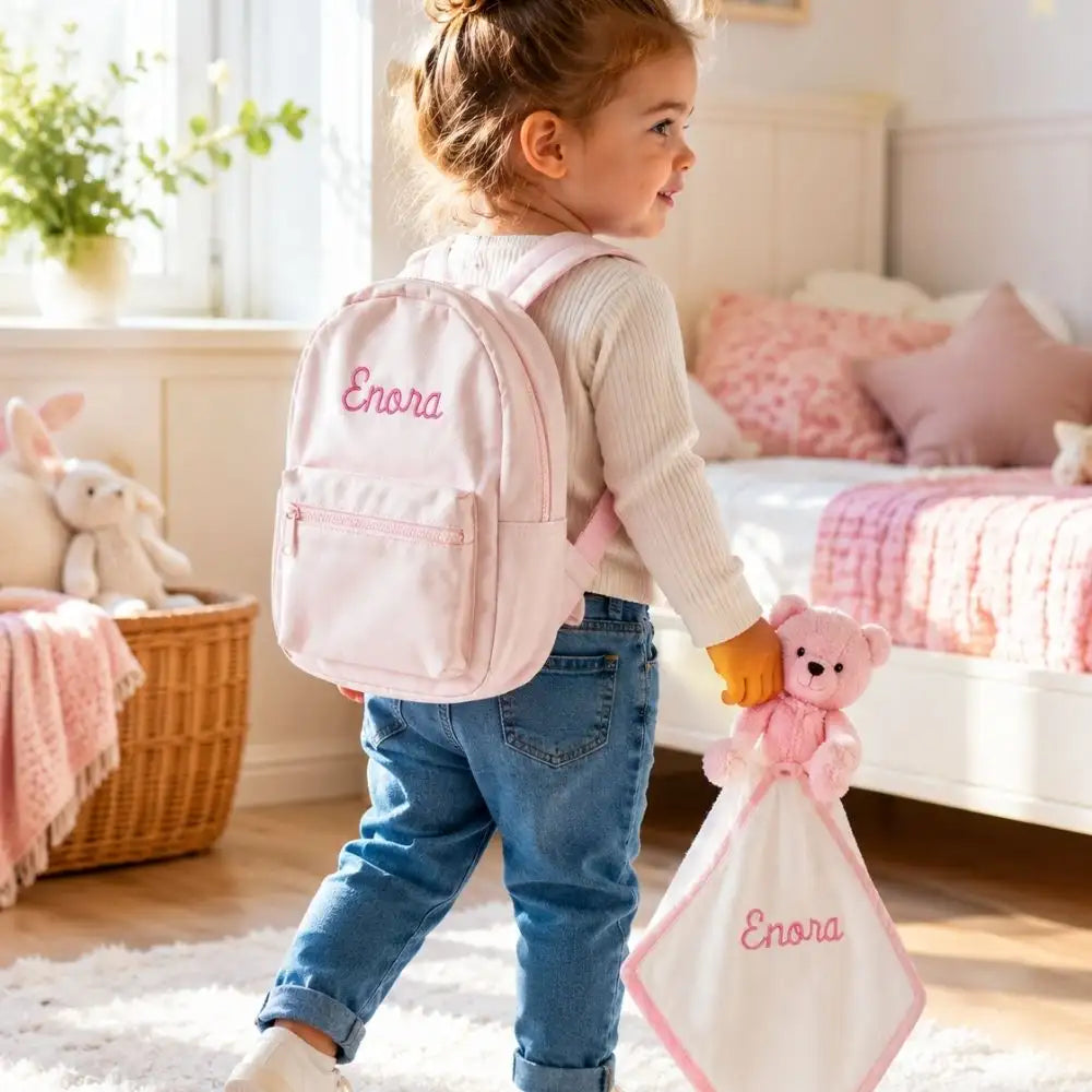 Petite fille avec sac à dos rose brodé prénom Enora et doudou ourson rose assorti, broderie artisanale Lyon