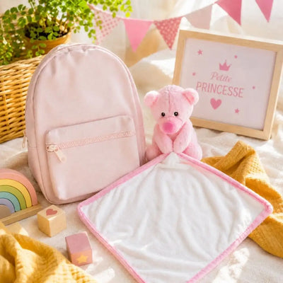 Coffret duo sac à dos rose et doudou ourson à broder au prénom, cadeau de naissance fille personnalisé