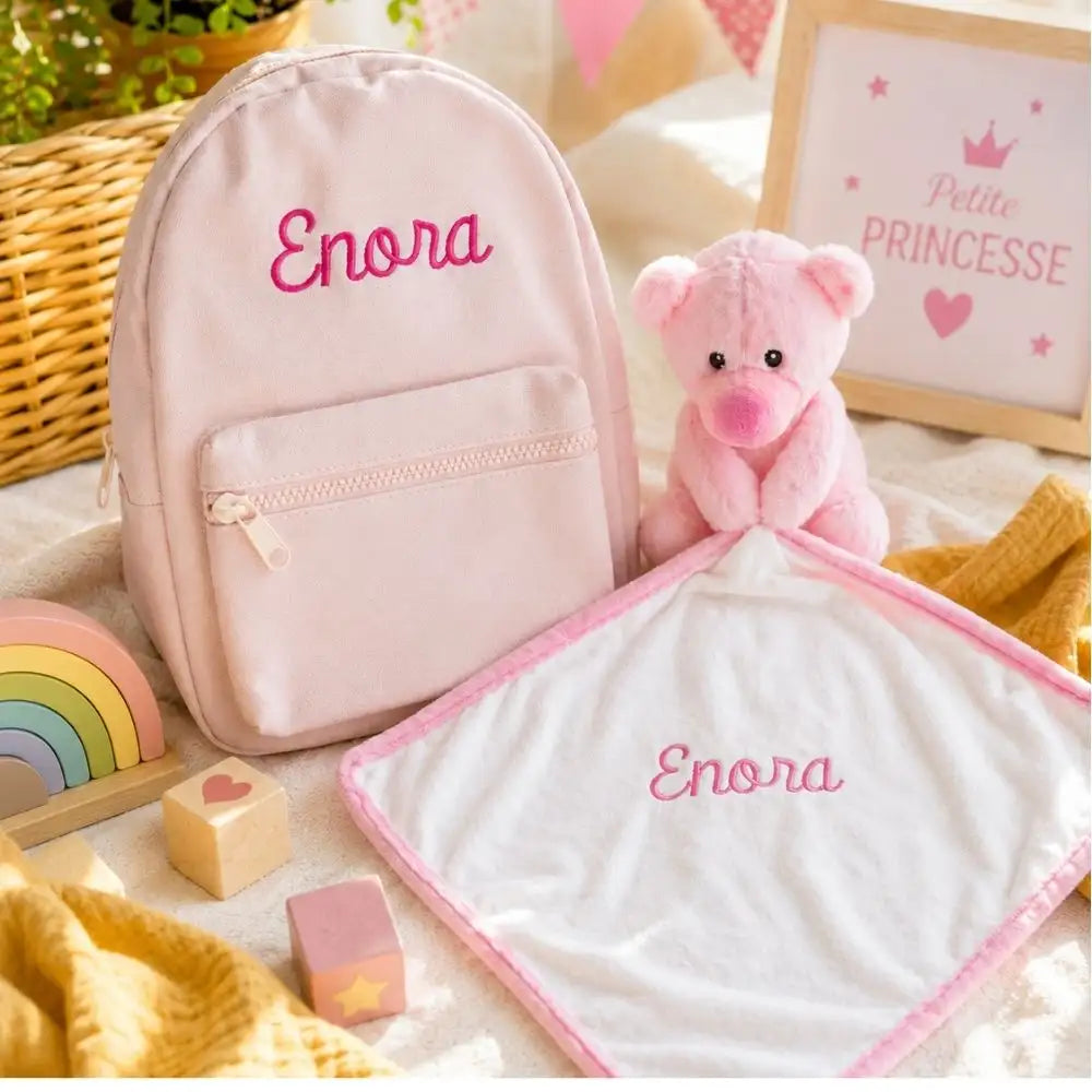 Duo sac à dos rose poudré et doudou ourson brodés prénom Enora, idée cadeau naissance personnalisé
