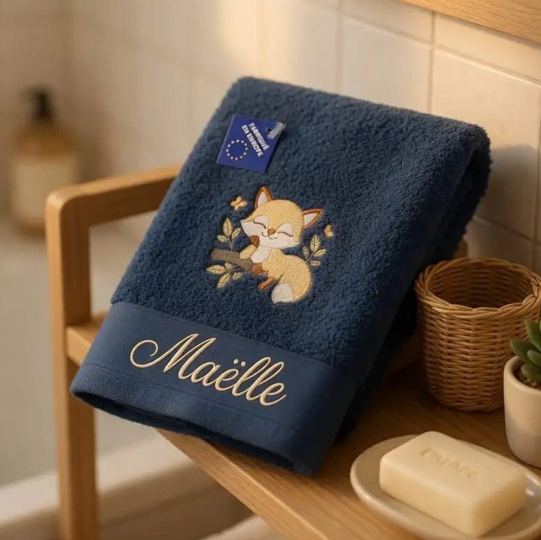 Serviette Coton Bio Brodée Petit Renard et Prénom - LA BRODEUSE®