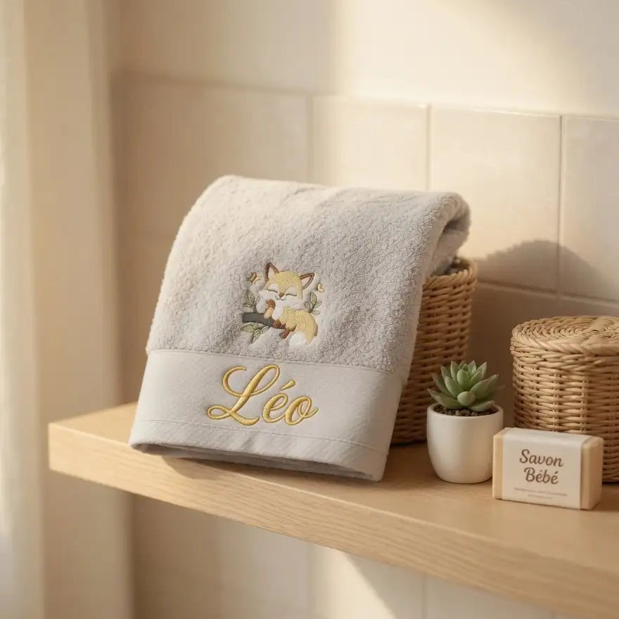 Serviette Coton Bio Brodée Petit Renard et Prénom - LA BRODEUSE®