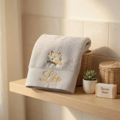 Serviette Coton Bio Brodée Petit Renard et Prénom - LA BRODEUSE®