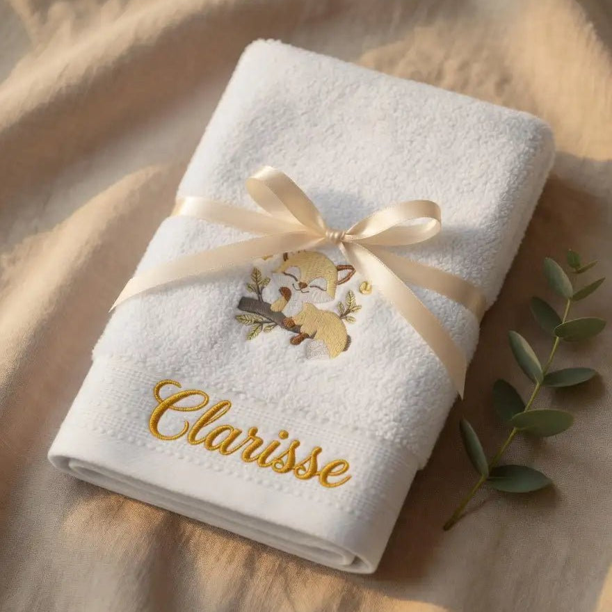 Serviette Coton Bio Brodée Petit Renard et Prénom - LA BRODEUSE®