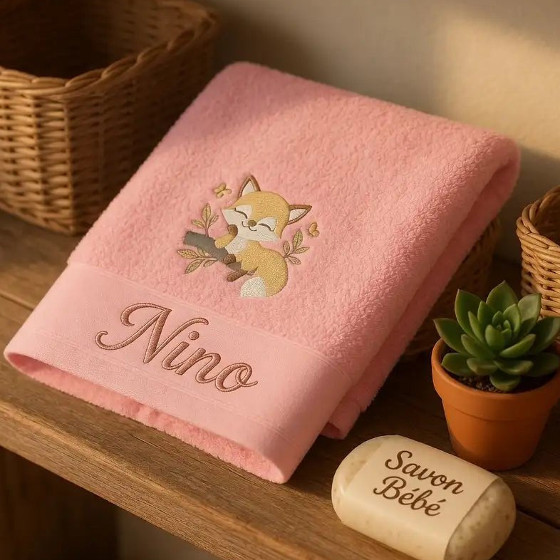 Serviette Coton Bio Brodée Petit Renard et Prénom - LA BRODEUSE®