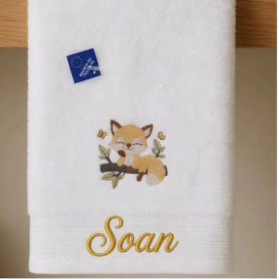 Serviette Coton Bio Brodée Petit Renard et Prénom - LA BRODEUSE®