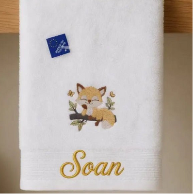 Serviette Coton Bio Brodée Petit Renard et Prénom - LA BRODEUSE®