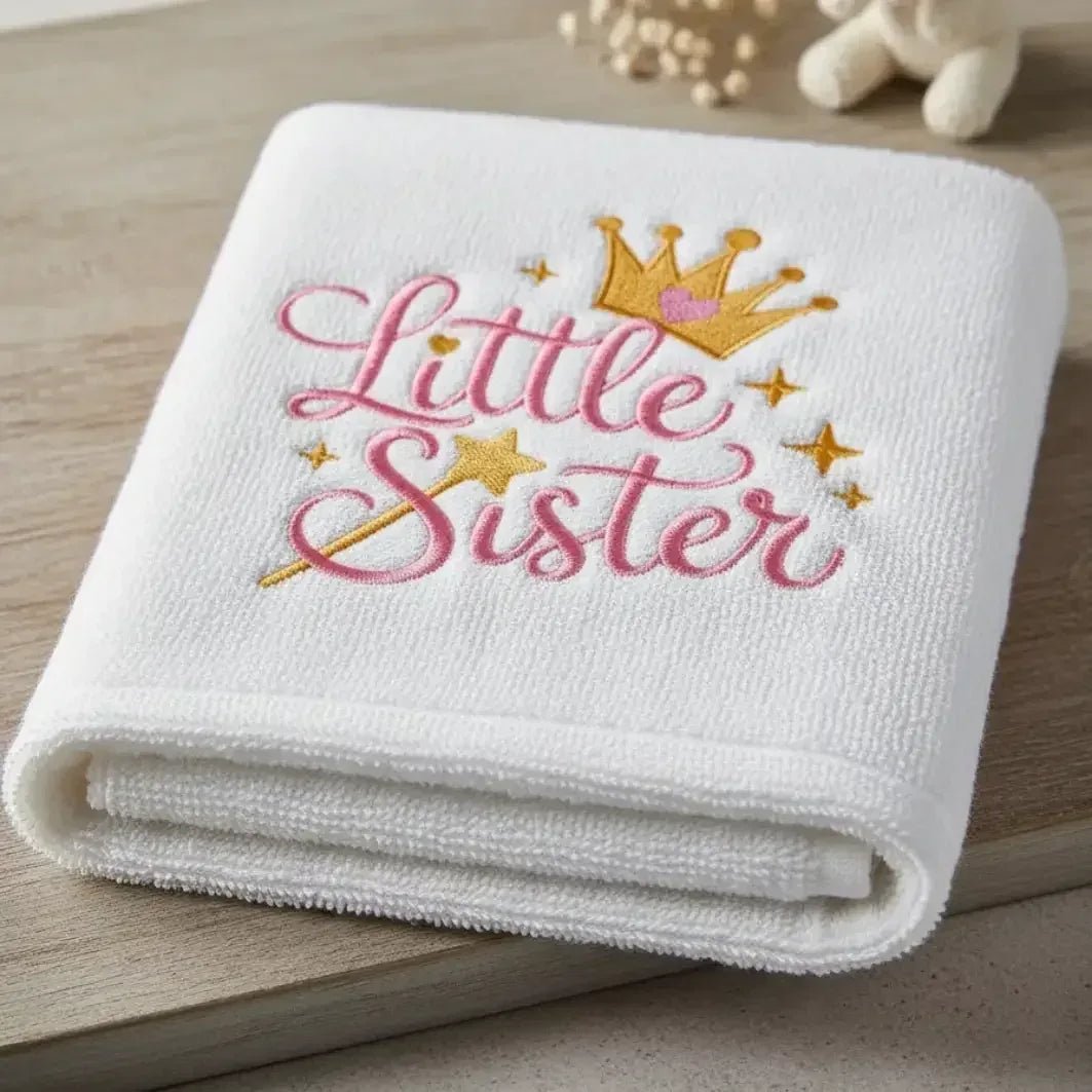 Serviette de toilette Coton Bio motif brodé « LITTLE SISTER » - LA BRODEUSE®
