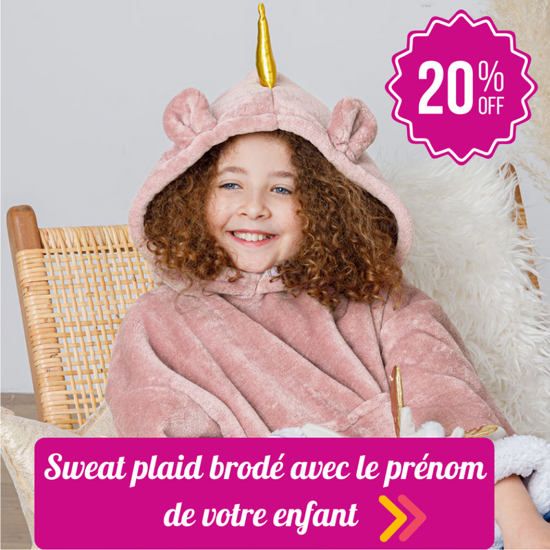 Child wearing pink unicorn hooded fleece blanket sweatshirt, 20% off offer, embroidered name option